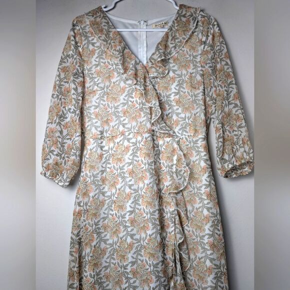 Jessakae Dress Maxi Ruffle Mute Floral 3/4 Smock Sleeve Flowy Faux Wrap Sz m - Picture 3 of 12